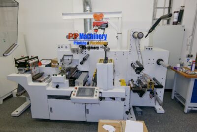 Brotech Eurotech DF 330 from 2015 label finishing system Manufacturer: Brotech Type: Eurotech DF 330 Year of Manufacturring: 2015 Unwinding Web edge control UV flexo printing unit with UV dryers UV drying unit Semi rotary and rull rotary die cutting unit Waste Rewinder Laminating unit Slitting Unit Rewinding Diameter of unwinding shaft is 76 mm Diameter of rewind shaft is 76 mm Max. web width 340 mm Max. printing width 330 mm Max. cutting width 330 mm Max. unwinding diameter 800 mm Max. rewinding diameter 700 mm Max. mechanical speed 120 m/min Operating pressure 8 bar Power supply 380V, 3P/N/PE Weight 3,000 kg